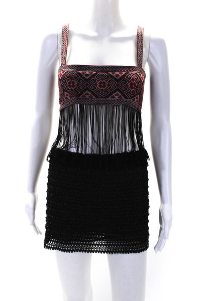 Queen & Pawn Womens Silk Embroider Frayed Center Knee-Length Dress Black Size XS