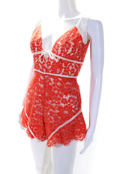 NBD Womens Floral Battenberg Lace Tiered Tied Shorts Zipped Romper Red Size XS