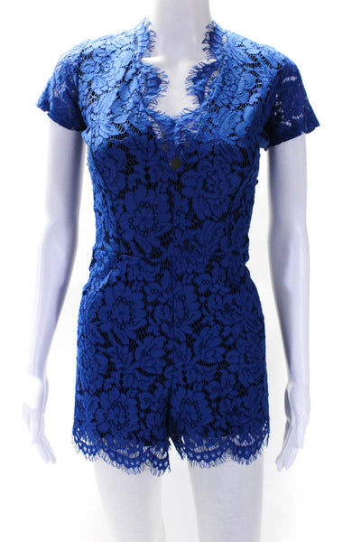 Karina Grimaldi Womens Floral Battenberg Lace Shorts Zipped Romper Blue Size S