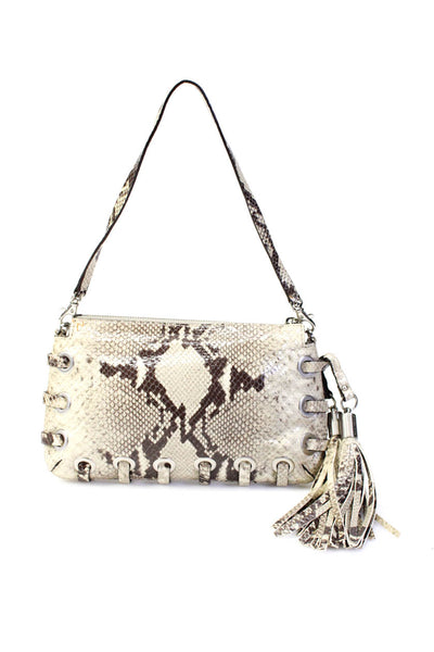 Michael Kors Womens Zip Top Animal Print Fringe Clutch Handbag Beige
