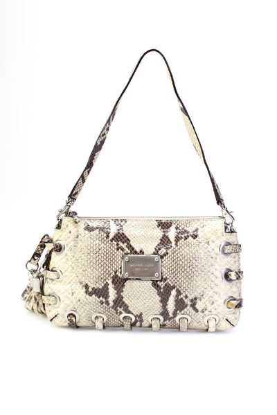 Michael Kors Womens Zip Top Animal Print Fringe Clutch Handbag Beige