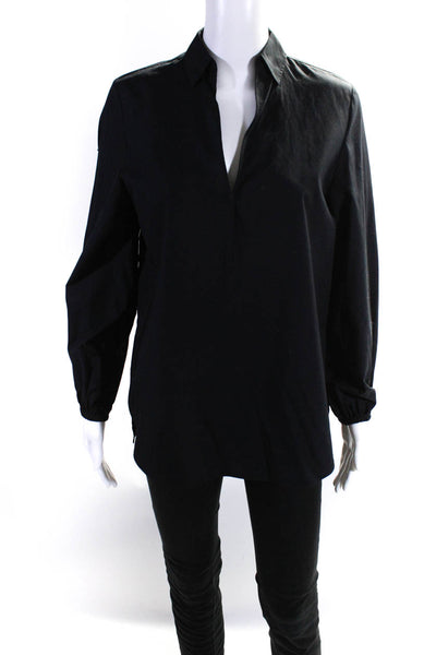 Vince Womens Cotton Collared Ruched Long Sleeve Side Split Blouse Black Size XS