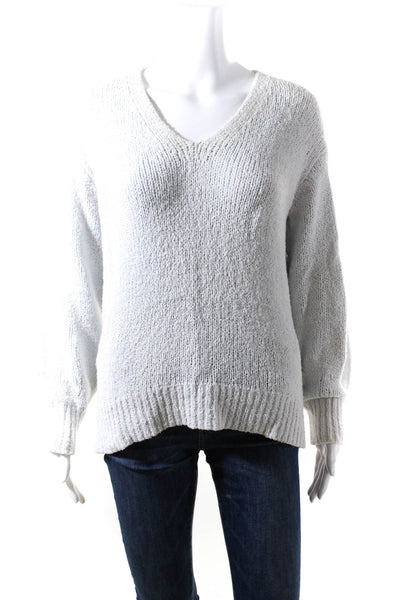 Vince Womens Knit Woven V Neck Long Sleeved Sweater White Gray Size S