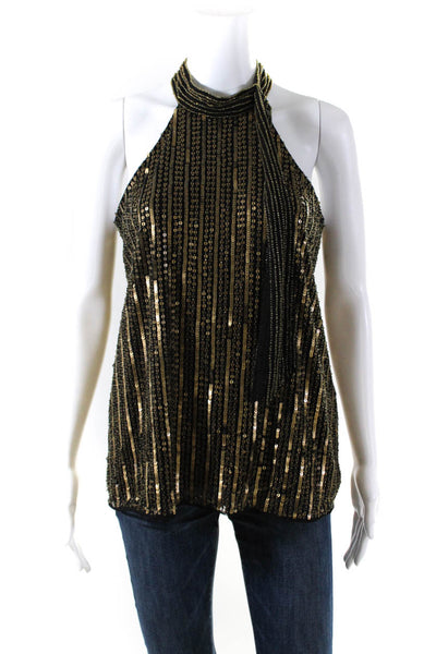 Parker Womens Sequin Beaded High Neck Sleeveless Blouse Black Gold Tone Size S