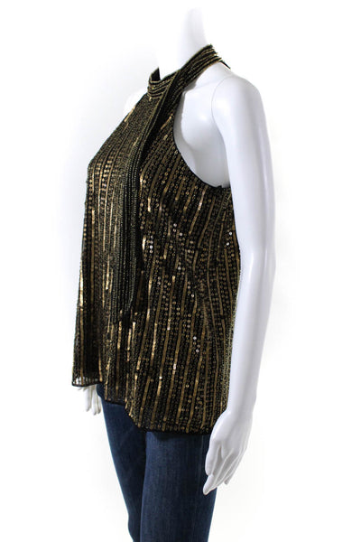 Parker Womens Sequin Beaded High Neck Sleeveless Blouse Black Gold Tone Size S