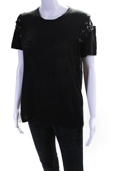 IRO Womens Linen Lace Up Short Sleeves Rachel Tee Shirt Black Size Extra Small