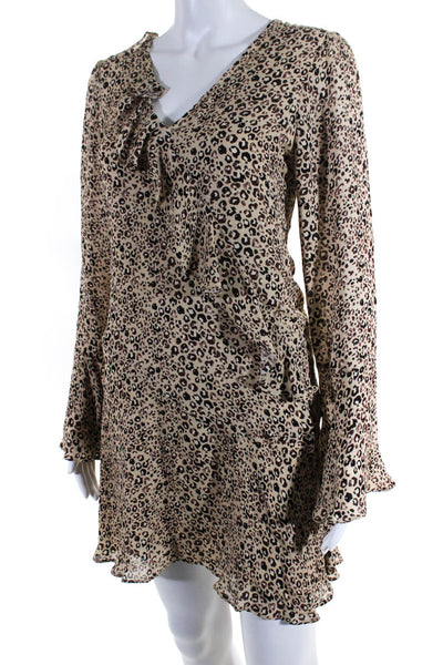 Parker Womens Silk Leopard Print Ruffled V-Neck Flared Dress Brown Black Size S