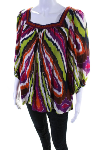 Trina Turk Women's Silk Square Neck 3/4 Sleeves Multicolored Blouse Size L