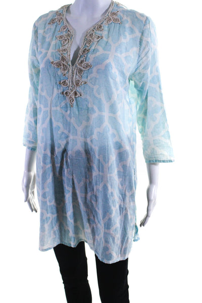 Roberta Roller Rabbit Women's Embroidered 3/4 Sleeve Tunic Blue Size M