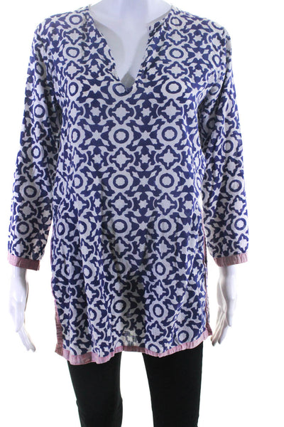 Roberta Roller Rabbit Women's Cotton V Neck 3/4 Sleeve Printed Tunic Blue Size S