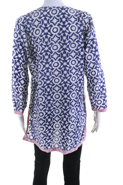Roberta Roller Rabbit Women's Cotton V Neck 3/4 Sleeve Printed Tunic Blue Size S