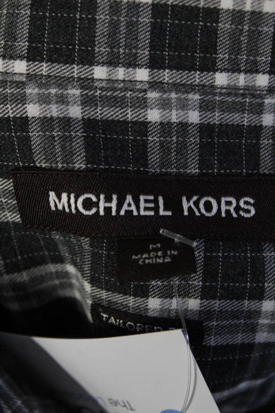 Michael Kors Mens Cotton Plaid Collared Button Up Shirt Gray Size M