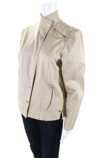 Jamie Sadock Womens High Neck Button Down Jacket Beige Cotton Size Medium