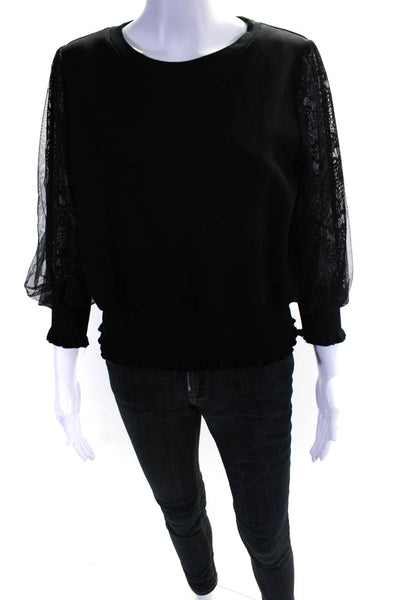 Garcia Womens Knit Lace Mesh Sleeves Crew Neck Sweater Top Black Size M