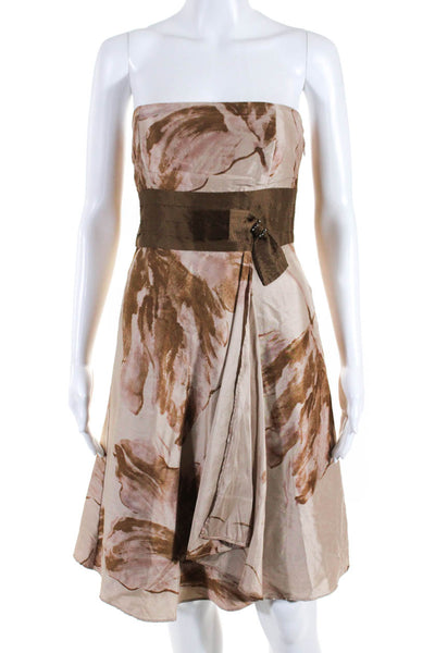 Odille Anthropologie Womens Straight Neck Sash Abstract Flare Dress Brown Size 4