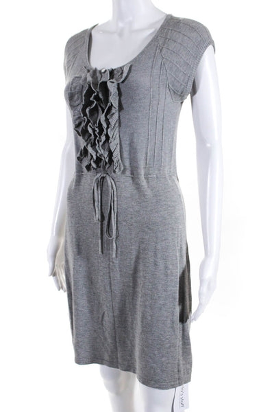 Baraschi Womens Scoop Neck Short Sleeve Tight Knit Ruffle Midi Dress Gray Size 4