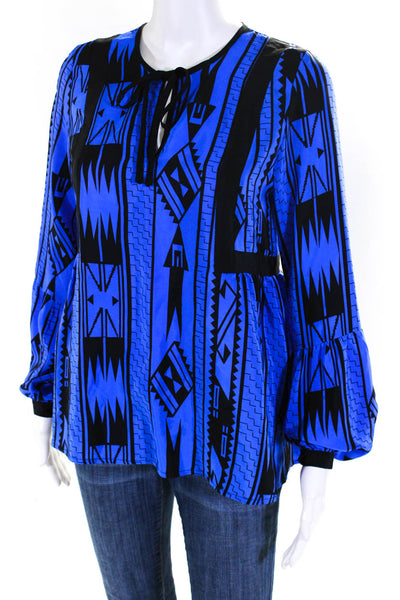 Amanda Uprichard Womens Silk Aztec Print Long Sleeve Blouse Blue Black Size S