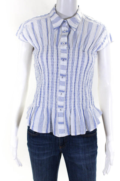 Maeve Anthropologie Women's Striped Ruched Button Down Top Blue Size S