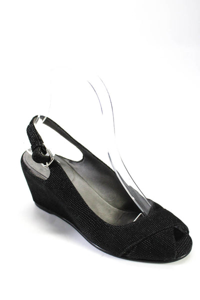 Stuart Weitzman Womens Textured Suede Slingback Peep Toe Wedges Black Size 4.5