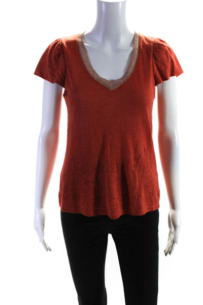 Maje Womens Short Sleeve Metallic Trim V Neck Tee Shirt Orange Cotton Size 1