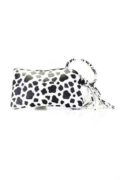 Designer Womens Animal Braided Round Handle Zipped Tassel Wristlet Handbag White