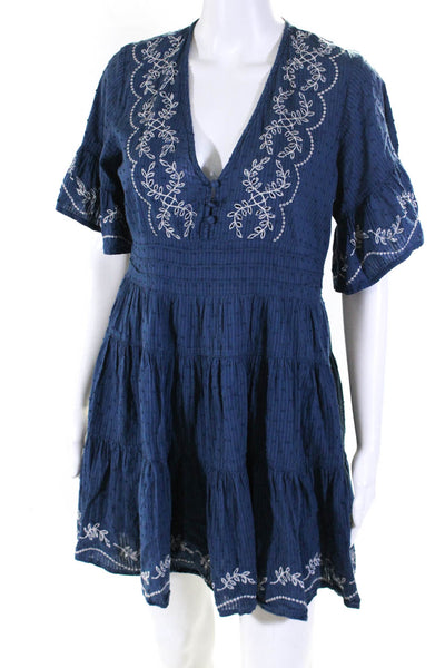 Rahi Womens Embroidered Swiss Dot V Neck A Line Dress Blue Size Small