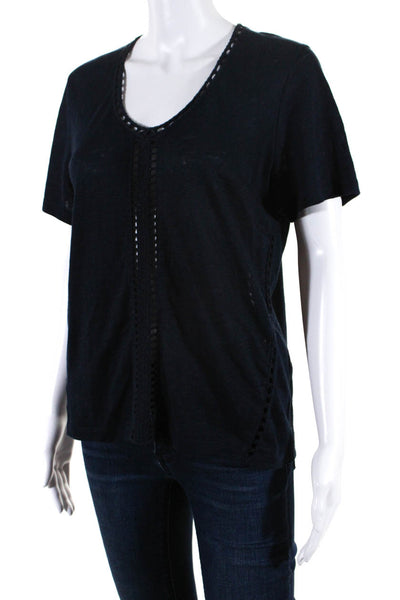 Maje Womens Short Sleeve V Neck Open Knit Trim Tee Shirt Navy Blue Linen Size 1