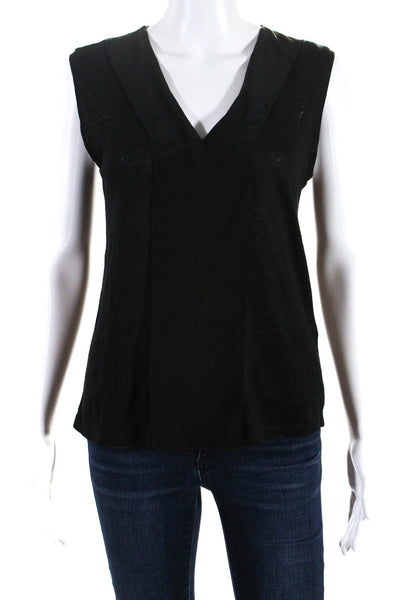 Sandro Womens Sleeveless V Neck Silk Trim Tee Shirt Black Linen Size 1