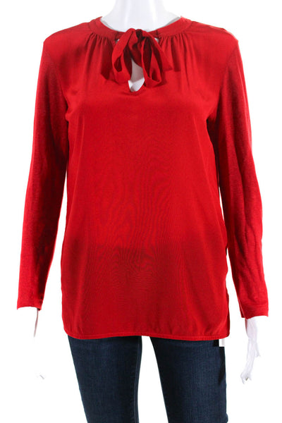 Sandro Womens 3/4 Sleeve Tie V Neck Mixed Media Top Shirt Red Linen Size 1