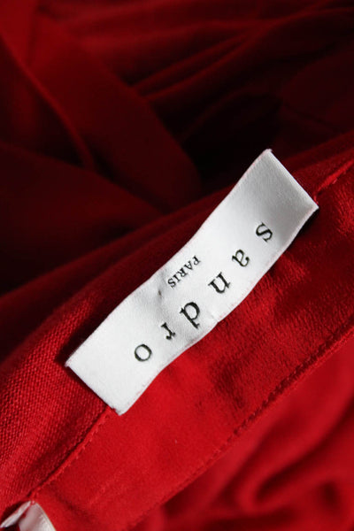 Sandro Womens 3/4 Sleeve Tie V Neck Mixed Media Top Shirt Red Linen Size 1