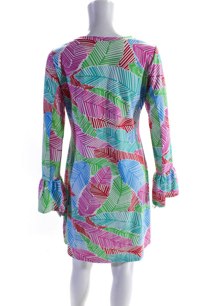 Ibkul Womens Leaf Print Round Neck Flared Sleeve Midi Dress Multicolor Size S