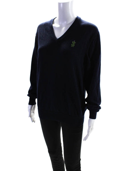 Donald Ross Womens Tight Knit Wool Long Sleeved V Neck Sweater Navy Blue Size S