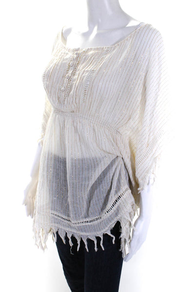 Jens Pirate Booty Womens Fringe Metallic Pinstriped Cover Up Top White Small