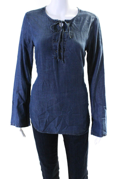 Cloth and Stone Womens Chambray Lace Up Neck Blouse Blue Extra Small