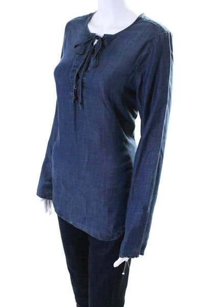 Cloth and Stone Womens Chambray Lace Up Neck Blouse Blue Extra Small
