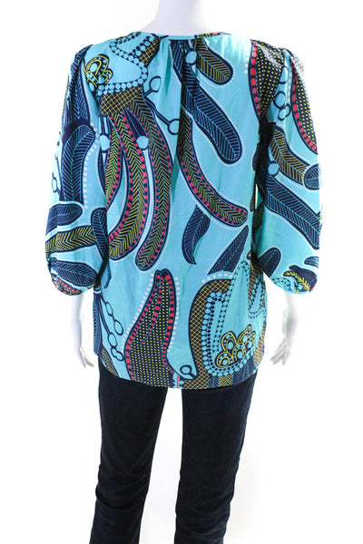 Tibi Womens Silk Geometric Print Lace Up Neck Blouse Blue Size Small