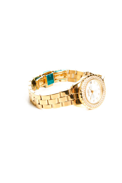 Folli Follie Women's Gold Tone Crystal Trim 30mm Round Face Chain Link Watch