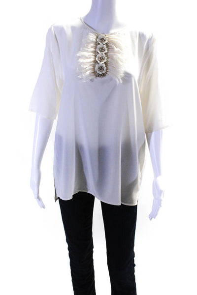 Badgley Mischka Womens White Silk Floral Beaded Short Sleeve Blouse Top Size 14