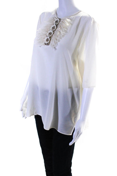 Badgley Mischka Womens White Silk Floral Beaded Short Sleeve Blouse Top Size 14