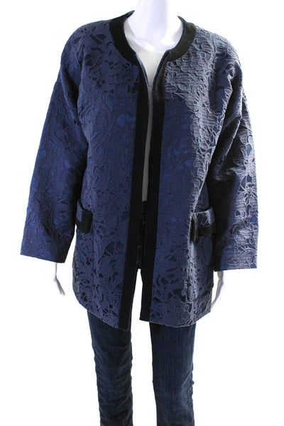 Badgley Mischka Womens Blue Textured Crew Neck Open Front Jacket Size 12
