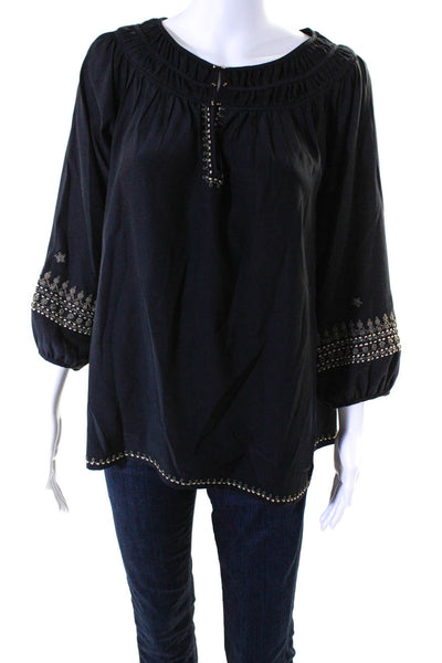 Burning Torch Womens Silk Crepe Embroidered V-Neck Blouse Top Black Size S