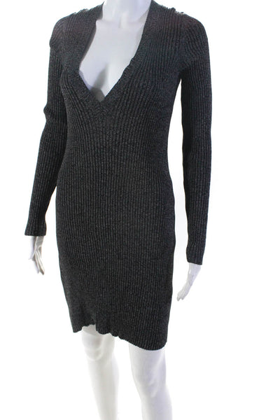 Intermix Womens Ribbed Knit V-Neck Long Sleeve Sweater Dress Gray Size S