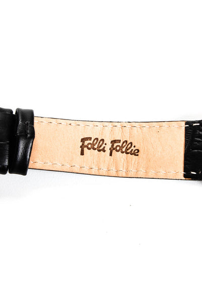 Folli Follie Unisex Black Leather Band 35mm Clear Round Face Bronze Tone Watch