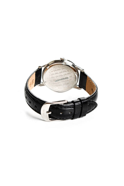 Folli Follie Unisex Black Leather Band 35mm Silver Tone Round Face Classic Watch