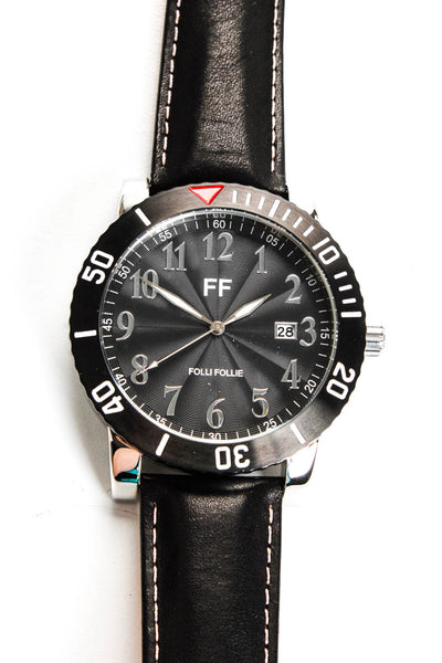 Folli Follie Men's Leather Stainless Steel Black 53mm Round Face Watch