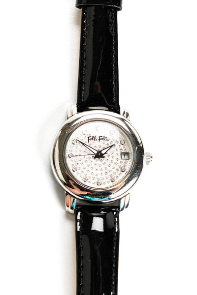 Folli Follie Women's Black Patent Leather Silver Tone Round Crystal Face Watch