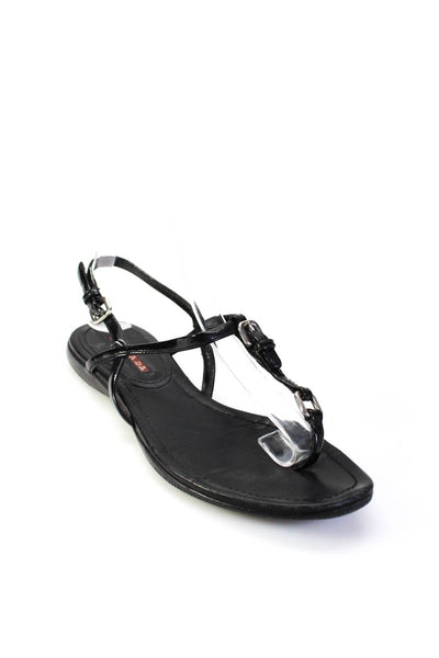 Prada Womens T-Strap Strappy Ankle Double Buckled Sandals Black Size 8