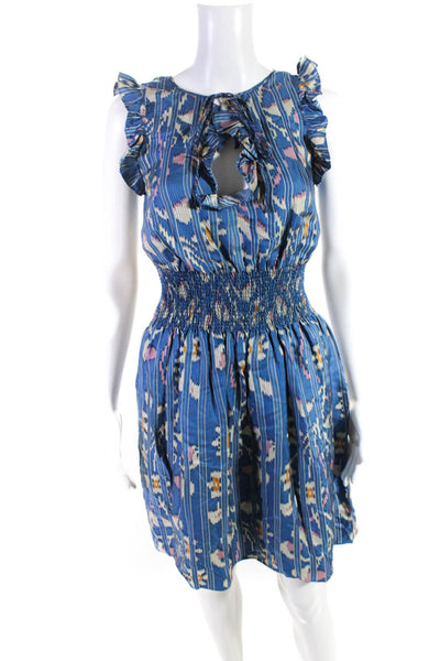 Lauren Moffatt Womens Silk Abstract Striped Ruched Empire Dress Blue Size 0