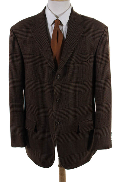 Polo Ralph Lauren Mens Plaid Three Button Blazer Brown Wool Size 46 Regular