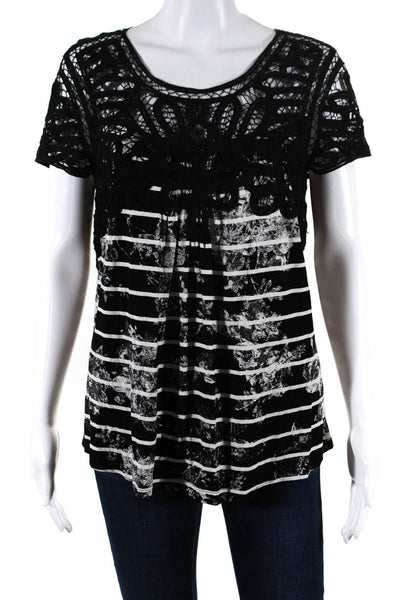 Meadow Rue Womens Short Sleeve Printed Lace Top Tee Shirt Black Size Medium